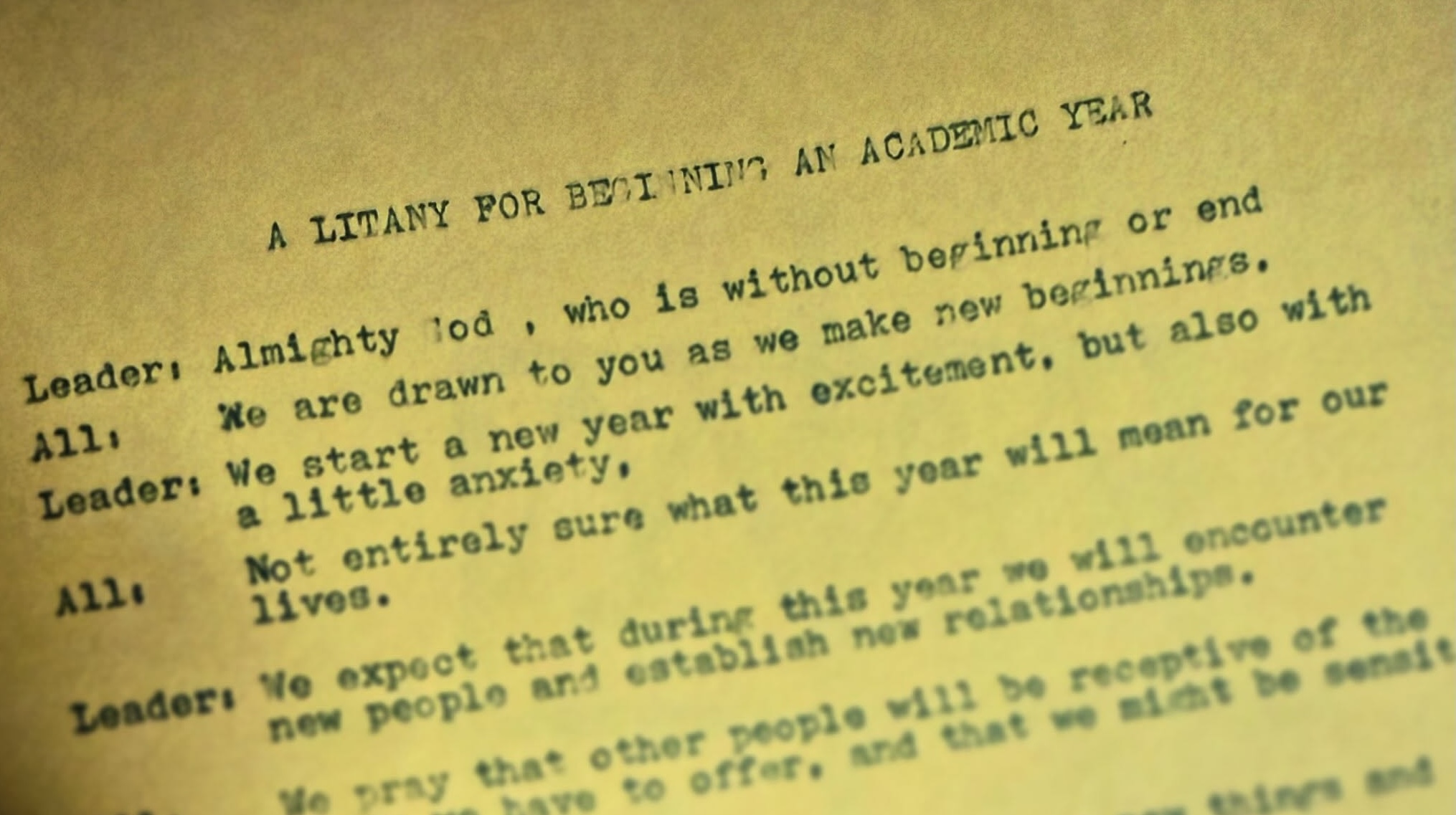 775243842_18620380318010918_6895517275605321324_n copy Printed Text on a yellowed page. The text reads "A LITANY FOR BEGINNING AN ACADEMIC YEAR"
