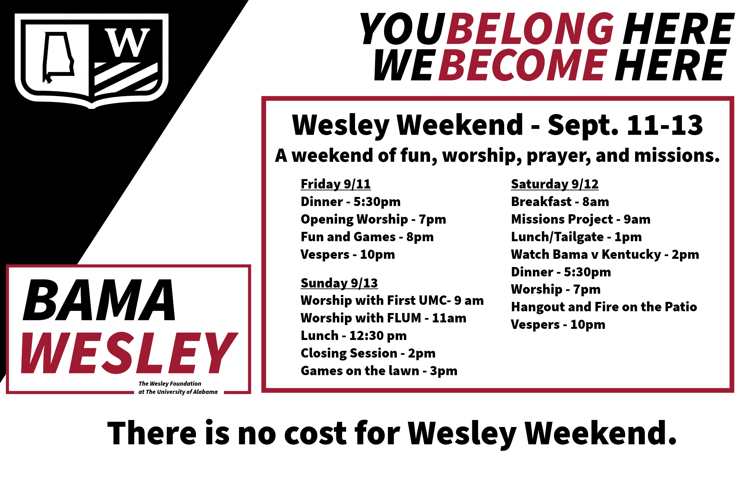 Wesley Weekend - September 11-13, 2026. A schedule of the weekend is included which can be found in the text of this post.